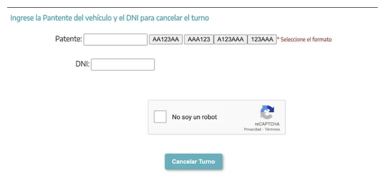 Pantalla para cancelar el turno de la VTV en Chivilcoy con patente y DNI